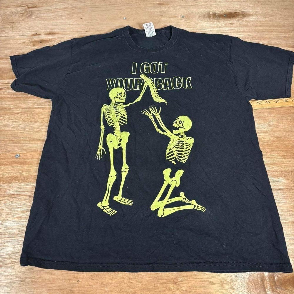 Happy Halloween Mens XL I Got Your Back Skeleton Graphic TShirt Black Neon Green